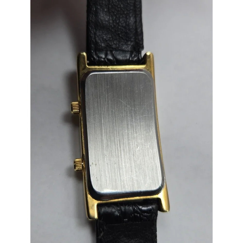 Vintage Avalon Dual Time 22mm Tank Gold Tone Leather Dress Watch New Battery
